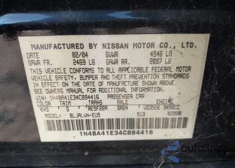 2004 Nissan Maxima 3.5 Se z USA, uszkodzony, nr VIN 1N4BA41E34C894416